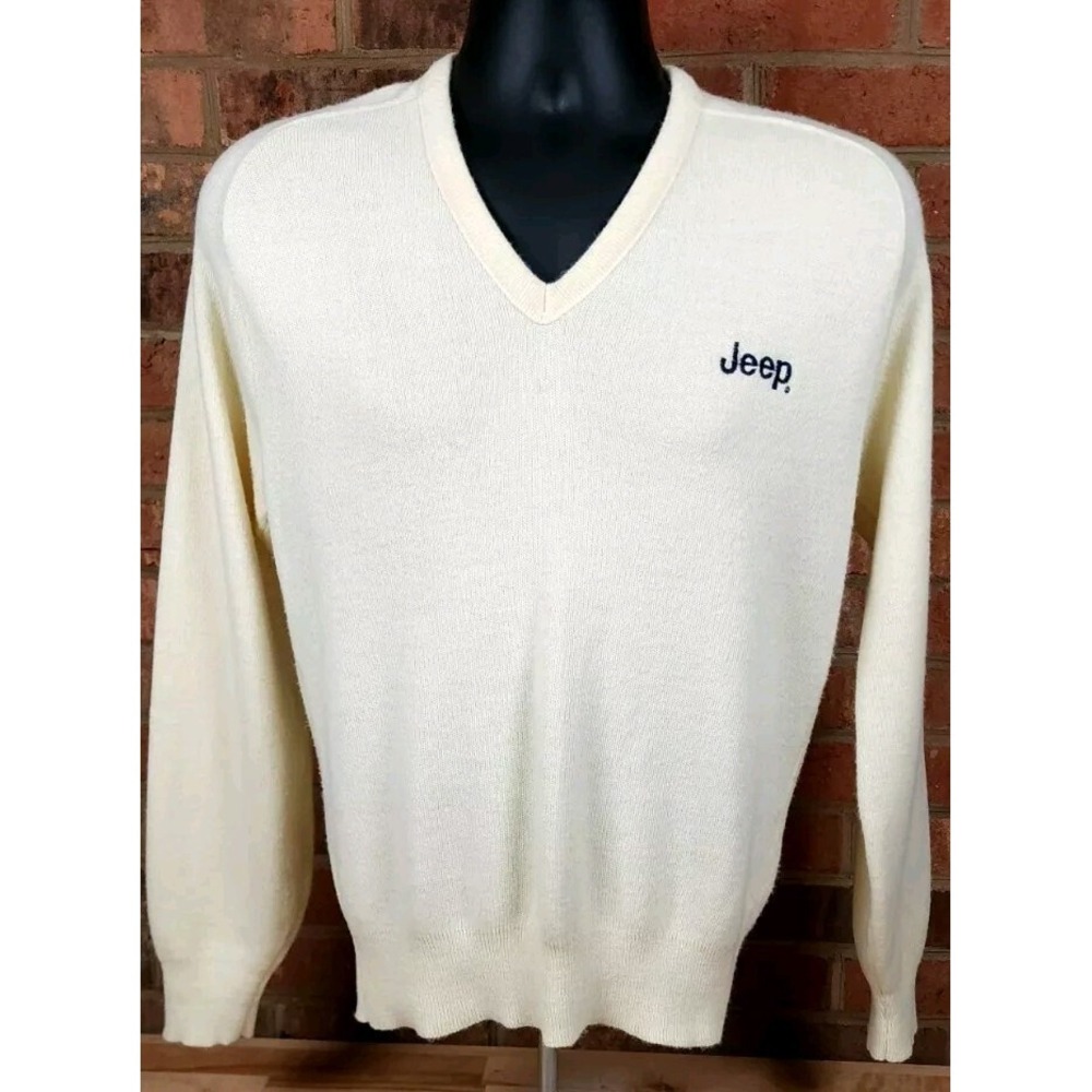 Pinnacle 80s Vtg Jeep V Neck Sweater Mens Medium Ivory Cream Acrylic‎ USA